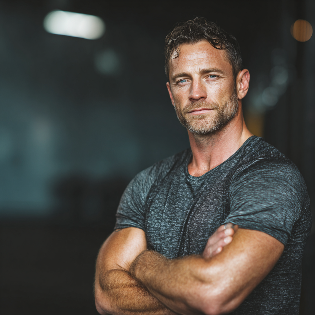 Confident athletic man in gym environment showing determination and focus during workout