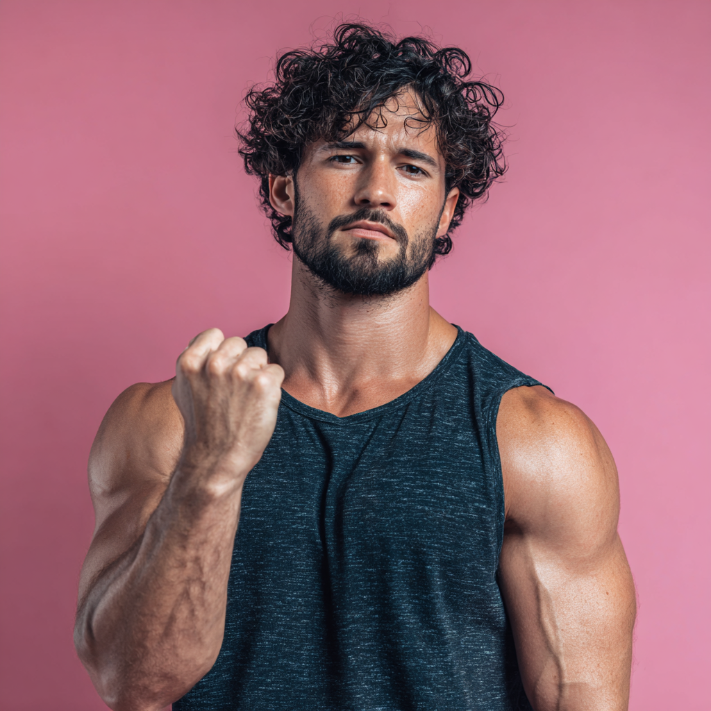 Determined man in athletic pose showing confidence and strength after personal development journey