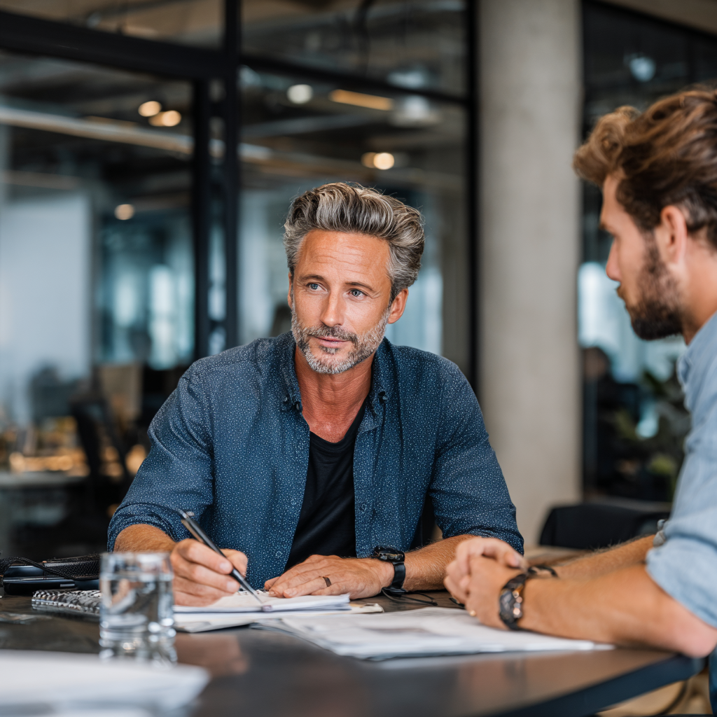 Professional mentor coaching focused male client in modern training environment